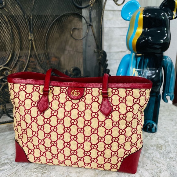 ⭐️SOLD ⭐️New Red Gucci GG Raffia Medium Ophidia Tote - Picture 3 of 11